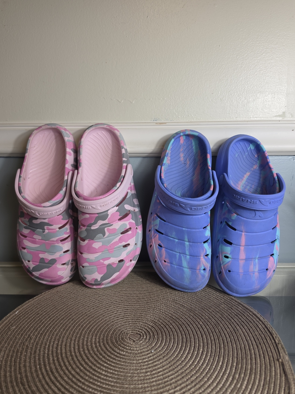 Rugged Shark Camo Pink Clog + Multicolor Swirl Blue Clog Bundle Womens Size 5